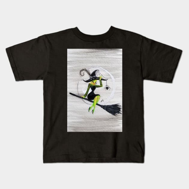 Happy Halloween Witch Sitting on a Broom Kids T-Shirt by hallieodom